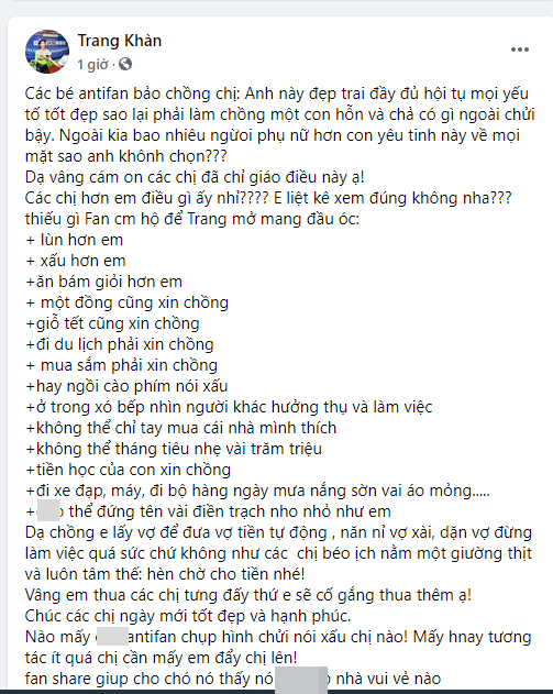 Trang Trần gạch 14 đầu dòng chát chúa đáp trả anti fan Trang Tran gach 14 dau dong chat chua dap tra anti fan