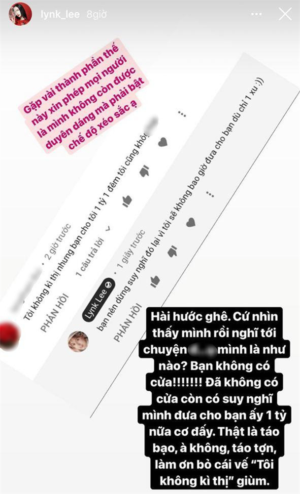 Lynk Lee xéo xắt khi bị chê 'cho 1 tỷ 1 đêm cũng không thèm' Lynk Lee xeo xat khi bi che 'cho 1 ty 1 dem cung khong them'
