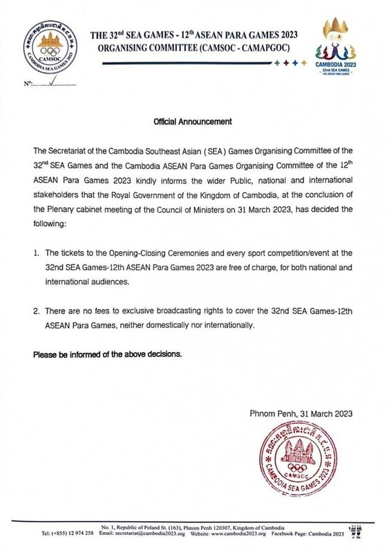 Chủ nhà Campuchia không thu phí bản quyền truyền hình SEA Games 32 Chu nha Campuchia khong thu phi ban quyen truyen hinh SEA Games 32