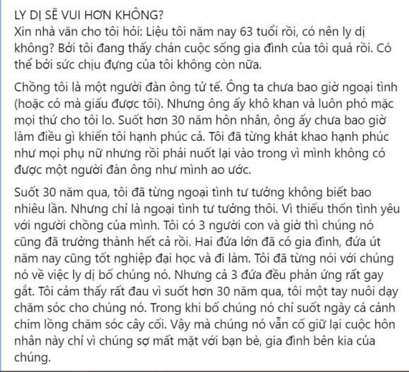 Người phụ nữ 63 tuổi muốn ly hôn nhưng bị con cái cấm cản Nguoi phu nu 63 tuoi muon ly hon nhung bi con cai cam can