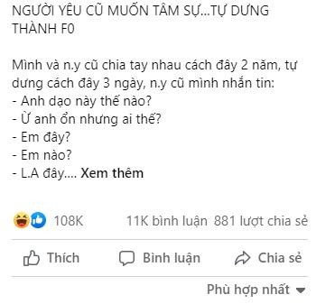 'Tâm sự mỏng' với tình cũ, thanh niên tự biến mình thành F0 'Tam su mong' voi tinh cu, thanh nien tu bien minh thanh F0