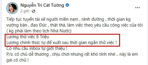 Tuyển tài xế, Cát Tường bị dân mạng la ó 'trả lương quá thấp' - Hình 2 Tuyen tai xe, Cat Tuong bi dan mang la o 'tra luong qua thap'-Hinh-2