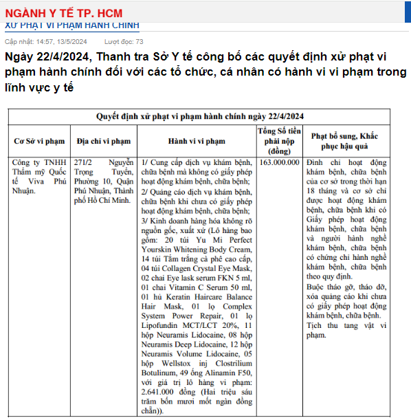 Lý do Thẩm mỹ Quốc tế Viva Phú Nhuận bị đình chỉ hoạt động Ly do Tham my Quoc te Viva Phu Nhuan bi dinh chi hoat dong
