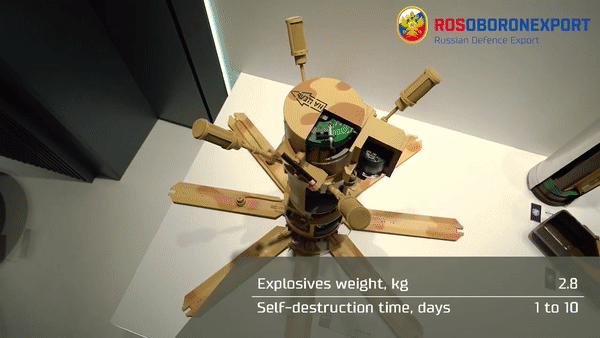 Một trong những chức năng chính của mìn “thông minh” là có thể kích hoạt từ xa và cho một số quả mìn, hoặc toàn bộ bãi mìn “ngủ đông”, thông qua các kênh liên lạc không dây được mã hóa. Điều này sẽ hạn chế tối đa thương vong khi quân Nga đi lạc vào bãi mìn của chính mình, và cũng sẽ ngăn cản việc gây thương tích cho dân thường sau khi xung đột kết thúc. Ảnh: Rosoboronexport.