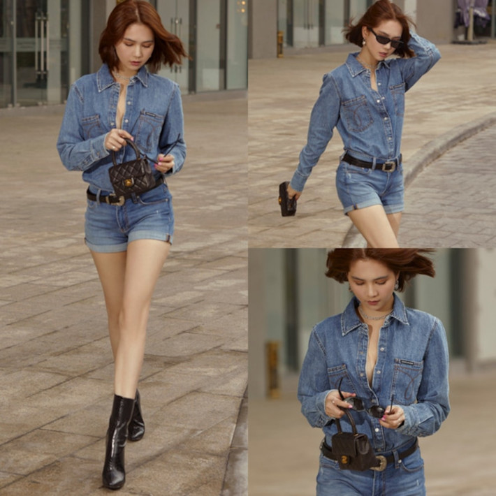 Phong cách denim on denim này cũng được nhiều sao chuộng mặc trong đó có Hà Tăng và Ngọc Trinh. Set đồ denim on denim với gam màu sẫm mix cùng boots của nữ hoàng nội y Việt Nam từng mặc ra phố