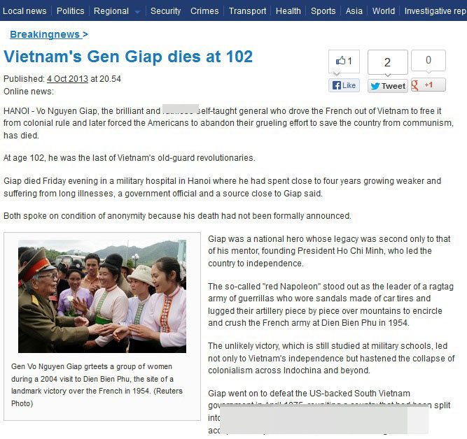 Bản tin Tướng Giáp mất trên tờ Bangkok Post.