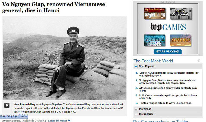 Riêng tờ Washington Post đăng bài viết dài hơn 3.000 chữ kể về sự nghiệp nhà binh vĩ đại của Đại tướng Võ Nguyên Giáp - “bậc thầy quân sự người Việt Nam”.