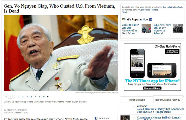 Tờ New York Times đăng bài viết Đại tướng Võ Nguyên Giáp - người có công đánh đuổi thực dân Pháp và đế quốc Mỹ khỏi Việt Nam, đã từ trần tại Hà Nội.