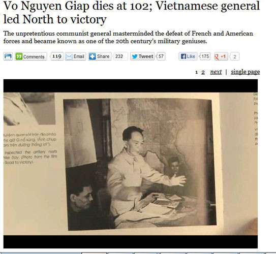Tin Đại tướng Võ Nguyên Giáp mất trên báo Los Angeles Times.