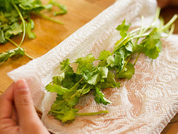 Quấn rau mùi bằng một chiếc khăn ẩm. Chỉ cần duy trì khăn ẩm là được, không nên để sũng nước bởi như vậy chỉ khiến rau nhanh chóng bị hỏng, ủng nước.