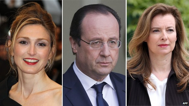 Theo truyền thông Pháp, Tổng thống Hollande (giữa) muốn dứt khoát với người bạn đời Trierweiler (ngoài cùng bên phải) vào đêm trước khi bà bay sang Ấn Độ làm từ thiện để chạy theo người tình trẻ xinh đẹp, nữ diễn viên Julie Gayet (ngoài cùng bên trái) kém ông gần 20 tuổi.