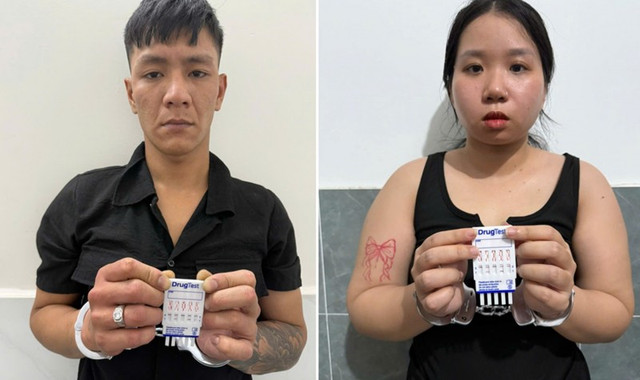Nguyễn Thanh Bình và Lê Thị Hoa tại cơ quan Công an. ma-tuy-a-1757903882702.jpg