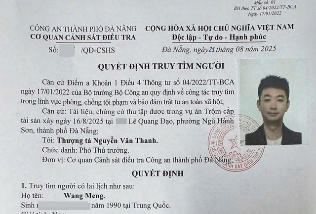 Truy tìm Wang Meng (SN 1990, quốc tịch Trung Quốc) để phục vụ điều tra vụ trộm tài sản khoảng 600 triệu đồng xảy ra tại phường Ngũ Hành Sơn vào ngày 16/8. 79f-svvu.jpg