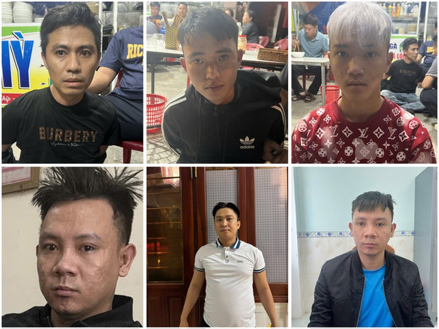 Các đối tượng bị tạm giữ (từ trái qua phải, từ trên xuống dưới): Hòa, Hoàng, Dũng, Phong, San, Huy. Ảnh: ĐVCC cshs.jpg