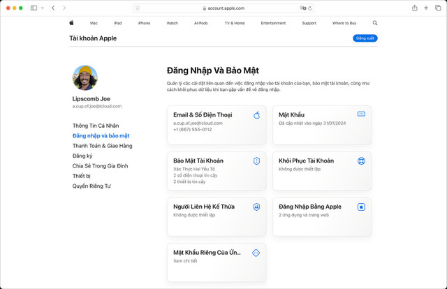 Nếu đang dùng trình duyệt, hãy truy cập iCloud.com, đăng nhập và chọn "Cài đặt tài khoản" để thay đổi mật khẩu trong mục Bảo mật. mat-5.png