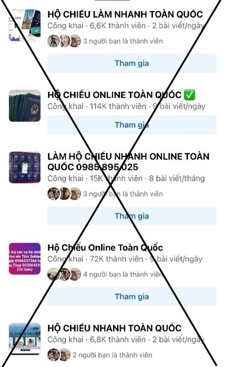 Các hội, nhóm “dịch vụ hồ sơ cấp hộ chiếu” trên mạng xã hội Facebook. (Ảnh: Cổng thông tin điện tử về xuất nhập cảnh Việt Nam) 2.png
