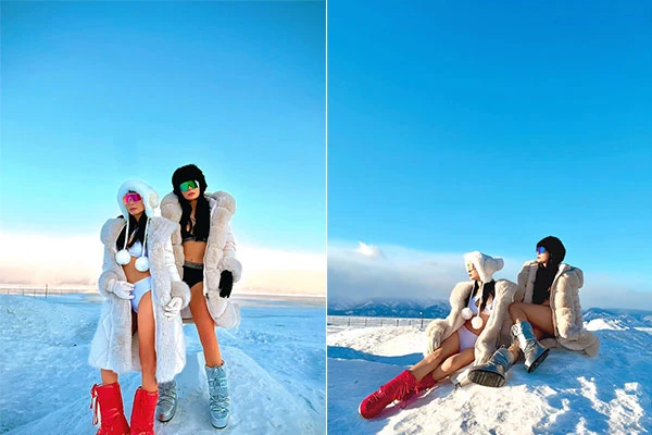 Thúy Hằng - Thúy Hạnh diện bikini trong trời tuyết lạnh -17 độ C