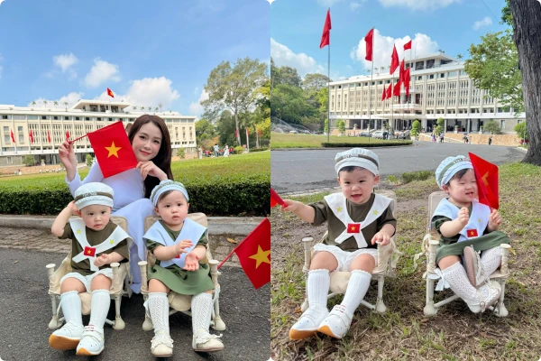 Biểu cảm đáng yêu của cặp song sinh nhà Sam trước Dinh Độc Lập