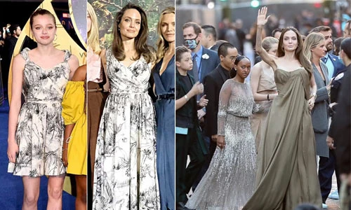 Hai con gái Angelina Jolie mặc váy cũ của mẹ đi sự kiện