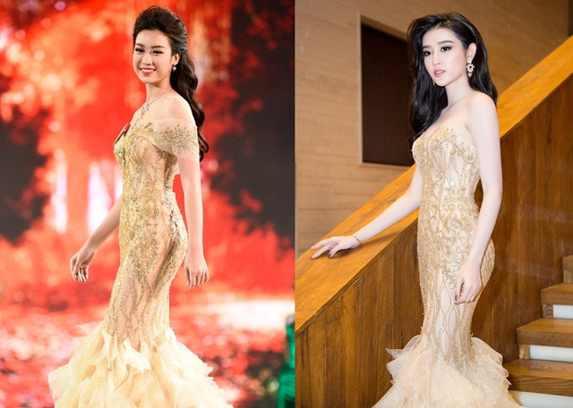 Ngay sau đêm chung kết Hoa hậu Việt Nam 2016, nhiều khán giả cho rằng chiếc váy Hoa hậu Mỹ Linh đã "đụng hàng" với chiếc váy Á hậu Huyền My mặc trước đó gần 1 năm. Ảnh: danviet.vn.
