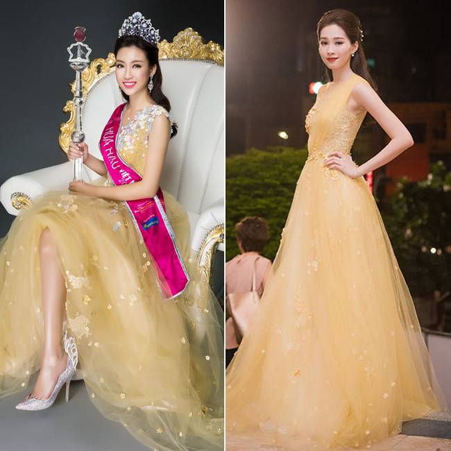 Diện một kiểu váy có chung phom dáng và màu sắc, Đặng Thu Thảo đẹp mơ màng, duyên dáng với cách kết hợp phụ kiện đơn giản, còn Mỹ Linh lại có phần cầu kỳ hơn với vương miện, quyền trượng, bông tai đính đá nổi bật, đôi giày thiên thần - quà tặng sau khi trở thành Hoa hậu Việt Nam 2016. Ảnh: phunutoday.vn.