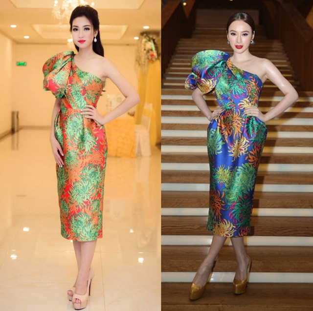 Mỹ Linh có pha trùng trang phục với Angela Phương Trinh. Hoa hậu Mỹ Linh kết hợp trang phục in họa tiết hoa cúc với khuyên tai đính đá trắng trong một sự kiện tại TP HCM. Chiếc váy đã từng được Angela Phương Trinh diện trong một sự kiện trước đó, chỉ khác một chút về cách phối màu. Ảnh: phunutoday.vn.