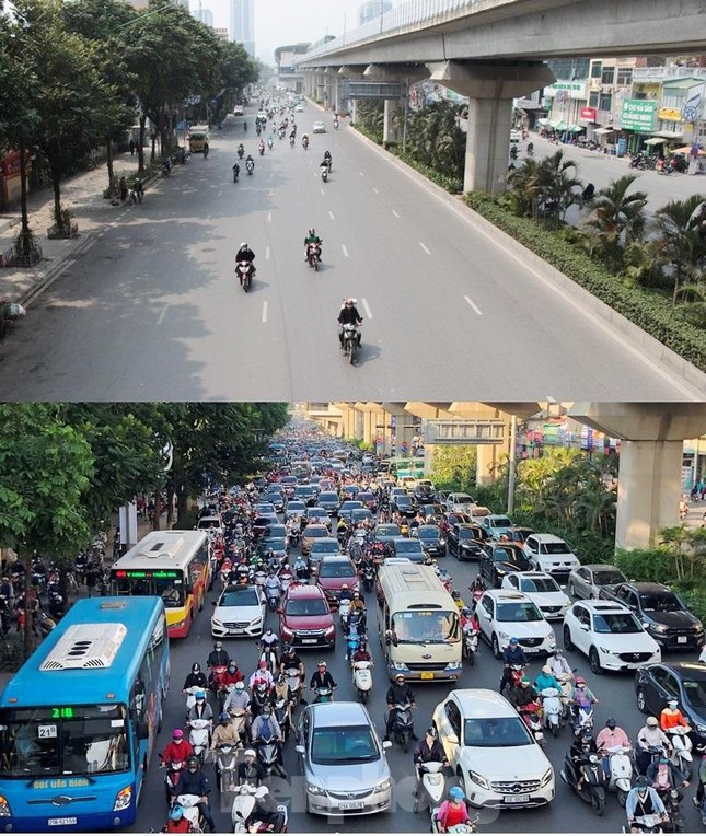 Đường Nguyễn Trãi rộng 5 làn xe mỗi bên, nhưng giờ cao điểm sáng mấy ngày qua chỉ lác đác người và phương tiện di chuyển (ảnh trên), trong khi đó cách đây 2 tháng, cùng thời gian trên, lòng đường nêm kín phương tiện như bãi xe di động (ảnh dưới).