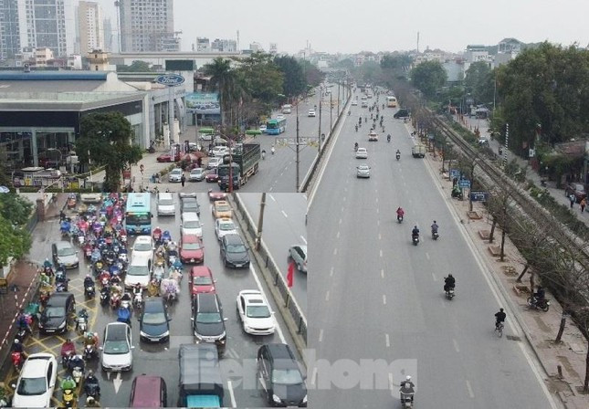 Tuyến đường Ngọc Hồi hướng trung tâm Hà Nội cách đây 1 tháng (ảnh nhỏ) thường xuyên đông đúc xe xếp hàng để qua nút, nhưng những ngày qua tại nút giao này rất ít xe (ảnh lớn).