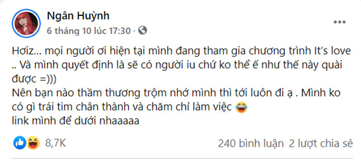 Mới đây, Ngân Sát Thủ bất ngờ chia sẻ thông tin tham gia một game show hẹn hò vì muốn có người yêu chứ không thể 'ế' mãi. Đồng thời nữ streamer kêu gọi những ai 'thầm thương trộm nhớ' mình hãy mạnh dạn đăng ký là người tỏ tình.