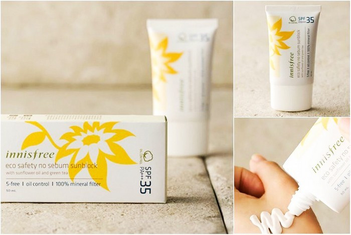 Kem chống nắng Innisfree no sebum. Phải nói rằng loại kem chống nắng này rất hợp với các cô nàng da dầu. Tính kem đặc bôi lên da không bị nhờn và tạo cảm giác khô thoáng cả ngày, độ kiềm dầu khá cao. Ảnh: Divashop.
