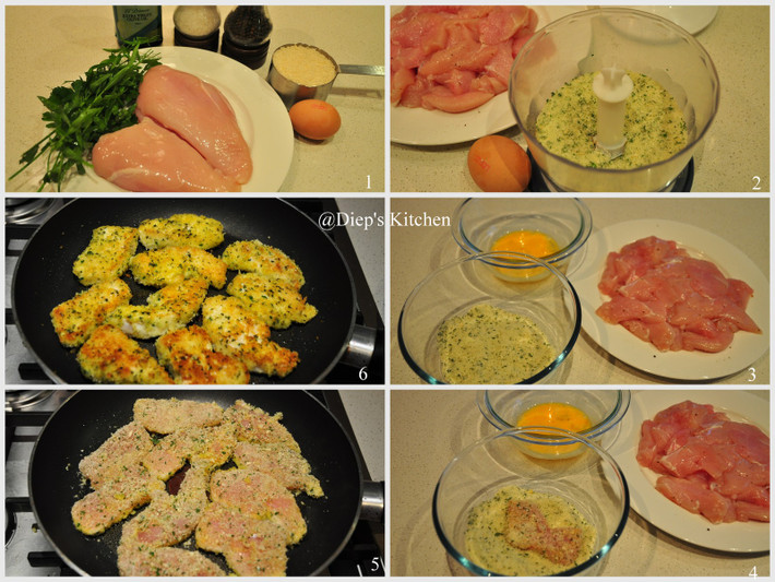 5. Chicken Nuggets. Nguyên liệu: Thịt ức gà, bột mỳ, ngũ cốc, trứng gà, nước, muối, bột tỏi, lá basil khô. Ức gà cắt miếng nhỏ ướp muối, bột tỏi, lá basil khô để thấm 15 phút. Cho vào máy xay thịt. Thịt xay dẻo mịn. Ảnh: diepskitchen.wordpress.com.