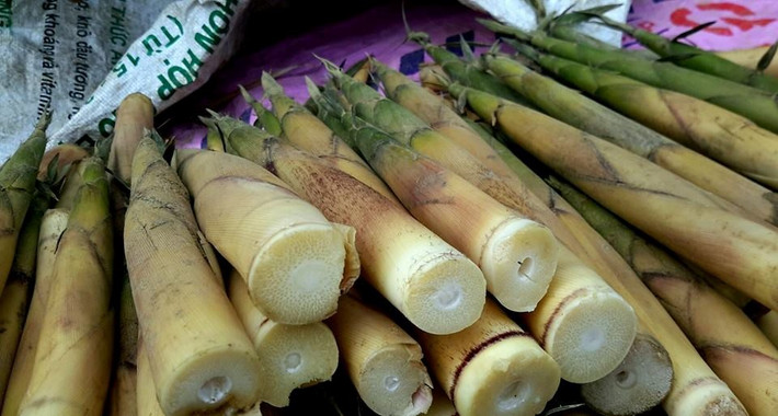 2. Măng tươi nấu nước dùng gà. Nguyên liệu: Măng tươi, đậu phụ, bột đao, dầu oliu, giá đỗ, gia vị, bắp cải, su hào, nước dùng gà. Măng tươi rửa sa sạch, luộc chín, ngâm nước lạnh, vớt ra tước bỏ vỏ, cắt khúc ngắn 3cm. Đậu phụ lạng mỏng, rán vàng, vớt ra thái bằng miếng măng.