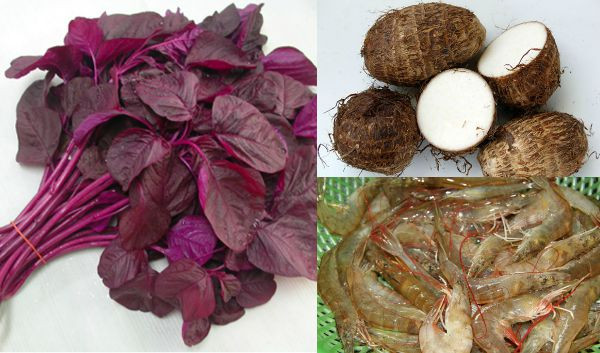 5. Canh rau dền đỏ nấu khoai sọ. Nguyên liệu: Rau dền đỏ, khoai sọ, tôm, dầu ăn, nước mắm, muối, đường, hành tím băm, hạt nêm. Tôm lột vỏ, đập dập, băm sơ, ướp muối,đường, hành băm. Rau dền cắt nhỏ. Khoai sọ cắt hạt lựu 1cm. Ảnh: Dangkieu.com.