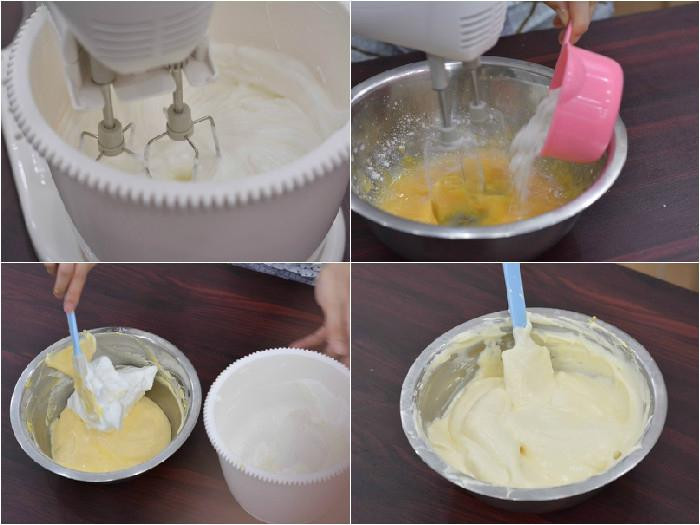 Làm cốt bánh: Chia trứng vào 2 tô, tô 1 đựng lòng đỏ, tô 2 đựng lòng trắng. Tô 1: Cho sữa chua, vanilla, đường, bơ vào đánh tan. Rây hỗn hợp bột mì, bột nở, bột ngô và trộn đều hỗn hợp. Tô 2: Chia chỗ đường còn lại làm 3, mỗi lần đánh đổ đường vào, đánh cho tan hết đường rồi lặp lại đến khi đường tan hết, trứng bông đều. Ảnh: dienmayxanh.com.
