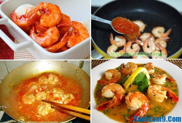 Cho tôm vào xào nhanh tay với lửa vừa, khi tôm chín săn lại, vặn nhỏ lửa, cho 5 thìa nước cam, bột năng đã hòa với nước và nêm hạt nêm, bột ngọt, nước mắm sao cho vừa ăn. Ảnh: cachlam9.com.