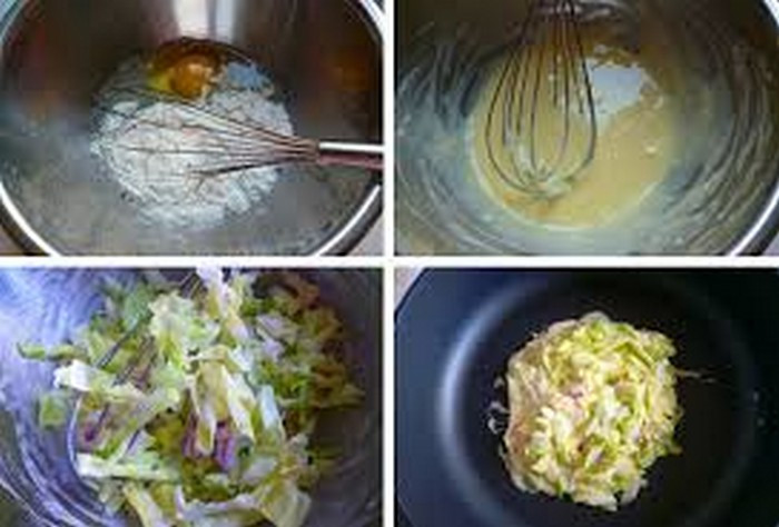 Trộn bột mì, muối và nước dùng trong 1 tô lớn cho đến khi đều hẳn. Thái nhỏ hành lá, bắp cải và gừng đỏ. Cắt thịt lợn thành những lát dài 5cm, luộc tôm và bạch tuộc rồi cắt nhỏ. Cho tất cả thành phần trên vào tô bột, thêm 2 quả trứng gà rồi trộn đều. Ảnh: Wru.