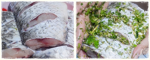 1. Cá trắm đen nhồi thịt. Đây là một món nhồi thủy hải sản rất đơn giản nhưng hương vị vô cùng thơm ngon. Để làm được món này nguyên liệu cần có: Cá trắm đen, thịt nạc, thì là, hành lá, sả, gừng, rau mùi, lá ngải, chuối xanh, khế, dứa. Cá rửa sạch, khứa mình, ướp gia vị. Phần nhân thịt để nhồi, ta trộn thịt xay cùng gừng, sả, thì là, hành lá băm nhỏ. Nêm gia vị cùng hạt nêm, muối, tiêu cho vừa ăn. Ảnh: Cungbanvaobep.com.