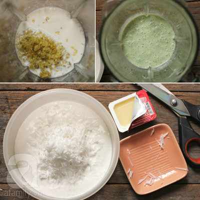 2. Kem cốm dừa. Nguyên liệu: Cốm tươi, sữa tươi có đường, sữa đặc, nước cốt dừa, đường, dừa tươi bào sợi, wipping cream. Ngâm cốm vào sữa cho mềm, sau đó xay nhuyễn hỗn hợp cốm sữa. Dừa sợi cắt ngắn trộn cùng với cốt dừa và đường hoặc sữa đặc có đường. Ảnh: Moison.vn.