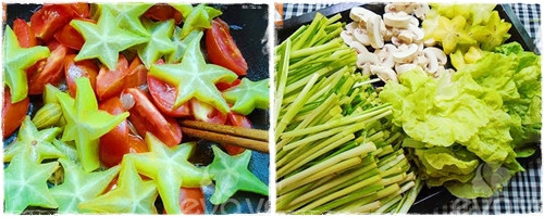 7. Lẩu cá vược. Nguyên liệu: Cá vược, xương ống, cà chua, mẻ, rau sống, hoa chuối, rau cần, nấm, hành răm thì là, gia vị. Xương ống rửa sạch, luộc sơ, rồi rửa lại lần nữa. Sau đó cho vào nồi áp suất ninh lấy nước làm nước dùng. Ảnh: Cungbanvaobep.com.