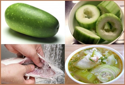 Canh cá chép, bí đao. Nguyên liệu: Cá chép, bí đao, đường, rượu, gừng, hành, dầu lạc, hồ tiêu, gia vị. Bí đao làm sạch, thái lát. Cá chép chế biến sạch, đem rán trong dầu lạc cho tới khi vàng, cho thêm nước, bí đao, rượu, đường, gừng, hành vào nấu cho kỹ, lấy hành và gừng ra, trộn thêm chút hồ tiêu và gia vị là được. Ảnh: egiadinh.com.