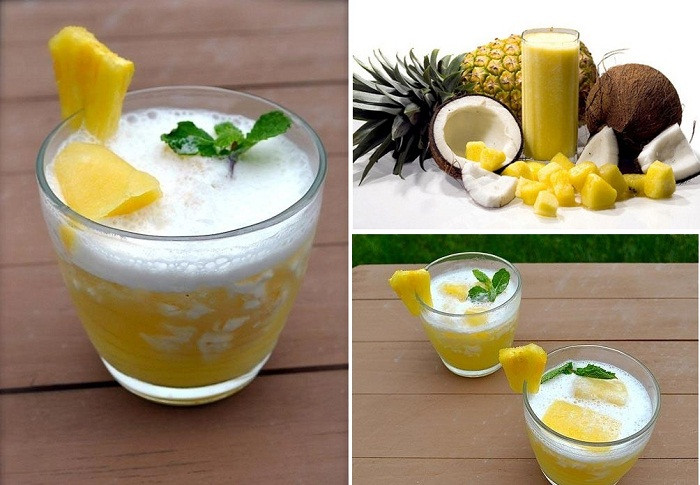 5. Sinh tố dừa dứa. Nguyên liệu: Nước dừa, dưa hấu, xoài, dứa, đá bào. Dưa hấu, xoài, dứa xắt nhỏ. Cho tất cả nguyên liệu vào máy xay sinh tố cho tới khi mịn thì cho ra ly và thưởng thức. Ảnh: tin8.com.