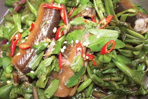 Khi dùng, cho nồi lươn om lên bếp để sôi liu riu, vừa giữ cho món ăn nóng, vừa để rau ngổ giữ được độ xanh và giòn. Ảnh: 7monngonmoingay.info.
