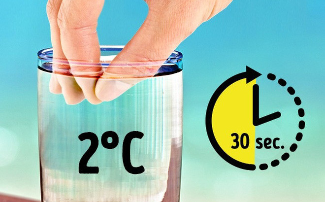 4. Kiểm tra việc lưu thông máu. Cách thực hiện: Đổ một ít nước lạnh vào ly (2 độ C), nhúng ngón tay trong đó trong 30 giây. Các đầu ngón tay chuyển sang màu trắng hoặc xanh dương, chắc chắn việc lưu thông máu của bạn có vấn đề. Ảnh: soha.vn.