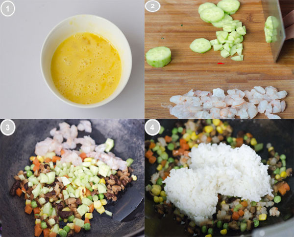 4. Cơm rang trứng cuộn. Nguyên liệu: Cơm trắng, ngô non, cà rốt, đậu Hà lan, trứng gà, nấm hương khô, dưa chuột, hành lá, rau mùi, tôm nõn. Đập trứng vào bát, thêm muối, đảo đều. Dưa chuột, nấm, cà rốt thái hạt lựu. Ảnh: trithucsangtao.vn.