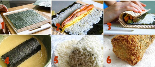 Đặt mành tre lên trên một chiếc mâm rồi đặt lá rong biển vào (mặt nhám lá rong biển đặt lên trên). Trải đều cơm ra các mặt của lá rong biển rồi đặt các nguyên liệu đã sơ chế vào rồi rắc ruốc theo chiều ngang của lá rong biển. Ảnh: sinhvienvietnam.edu.vn.