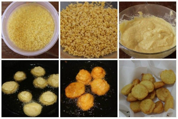 2. Chả đỗ chay. Nguyên liệu: Đậu xanh, riềng non, muối, dầu ăn. Đậu xanh ngâm nở, sau đó cho vào máy xay sinh tố với riềng non. Ảnh: ngonbonmua.com.