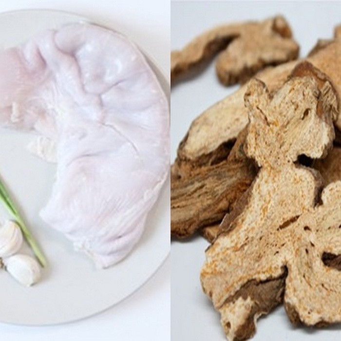 2. Dạ dày, ngọc trúc, hoa hòe. Dạ dày lợn 1 cái, hoa hoè 12g, ngọc trúc 12g, gạo tẻ 100g. Dạ dày lợn làm sạch thái miếng; sắc kỹ hoa hoè và ngọc trúc lấy nước ninh với dạ dày và gạo tẻ thành cháo, khi được chế thêm gia vị, chia ăn vài lần trong ngày. Bài thuốc dùng cho những người bị ung thư dạ dày thượng vị.