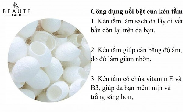 Tổ kén tằm là một hợp chất chứa silk protein, sericine với 12 loại acid amin cần thiết cho mọi loại da và tuổi tác của chúng ta. Silk protein giúp phục hồi cấu trúc da, ngăn ngừa lão hóa và nếp nhăn hình thành trên da, giúp da trông trẻ hơn và mịn màng như lụa. Ảnh: beautetalk.com.
