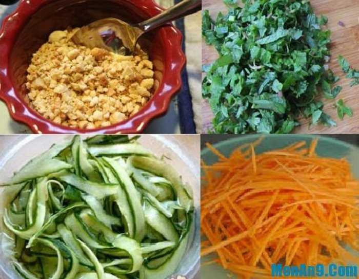 4. Gỏi da bò. Đây là món ăn đặc trưng của tỉnh Bình Định. Nguyên liệu gồm da bò tơ, cà rốt, dưa chuột, lạc, rau răm, húng quế, hành tươi, bắp chuối, hành tây, lá chanh. Tất cả các loại rau thơm này đem rửa sạch thái nhỏ. Da bò đem làm sạch và thái càng mỏng càng tốt. Ảnh: Monan9.