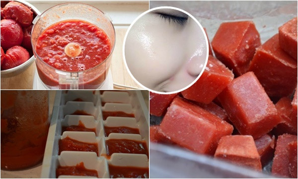 7. Dùng cà chua đông đá: Cà chua ngâm nước muối loãng, xắt miếng nhỏ, loại bỏ hạt rồi xay nhuyễn. Lọc lấy phần nước cốt rồi cho vào bát lớn, trích thêm dung dịch bên trong vitamin E rồi trộn đều tạo thành hỗn hợp đồng nhất. Đổ hỗn hợp cà chua đã chuẩn bị xong vào khay đá rồi để vào ngăn đông của tủ lạnh. Ảnh: kenhphunu.vn.